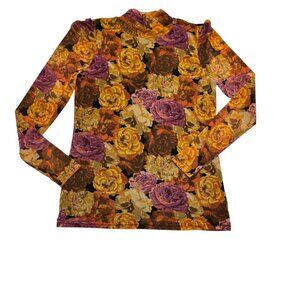 Jane Delancey Mesh Mock Neck Floral Slight Puff Sleeve Fitted Top Women's Size M